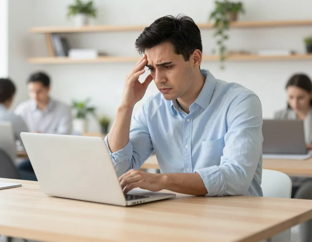 Gestor de marketing preocupado em frente ao notebook no escritório
